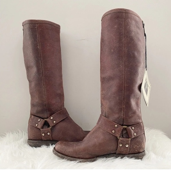 $438 FRYE Phillip Harness Tall Moto Brown Leather Riding Combat Cowboy Boots 5.5 - Picture 5 of 16